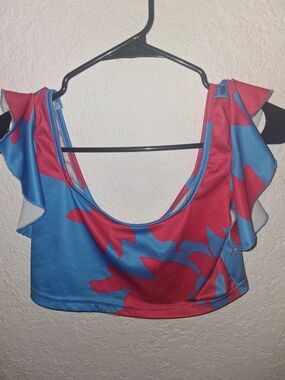 **Festival Wear**2pc Set Blue and Pink Floral Ruffle Crop Top W/skirt Set Size S
